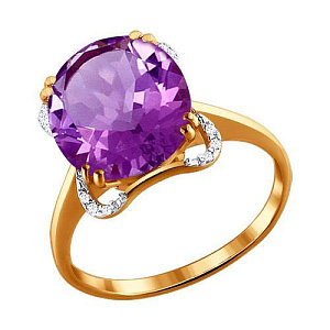 Кольцо золотое с аметистом, кристаллами Swarovski и фианитом